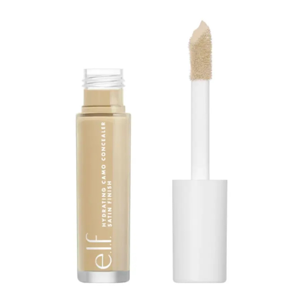 Open plastic tube of elf camo concealer with white lid in shade Light Sand.