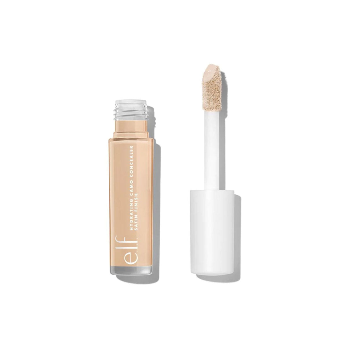 Open plastic tube of elf camo concealer with white lid in shade Mediym Beige
