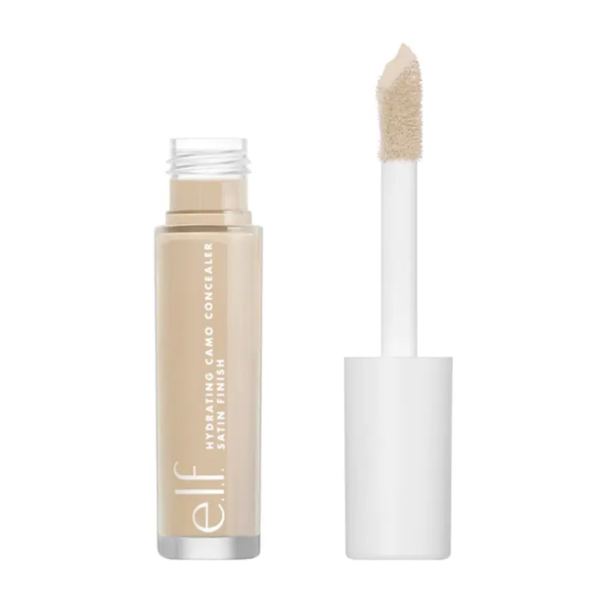 Open plastic tube of elf camo concealer with white lid in shade Medium Neutral