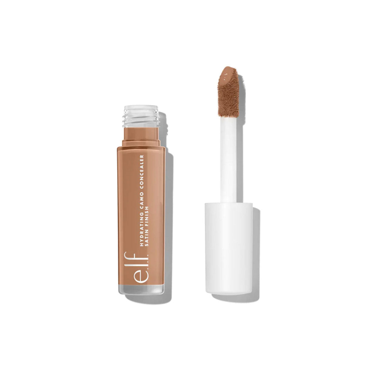 Open plastic tube of elf camo concealer with white lid in shade Tan Latte