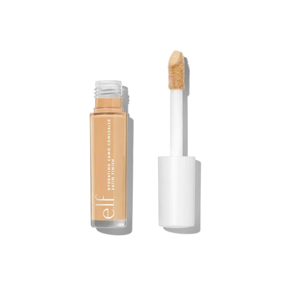 Open plastic tube of elf camo concealer with white lid in shade Tan Sand