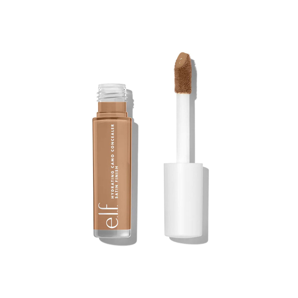 Open plastic tube of elf camo concealer with white lid in shade Tan Walnut