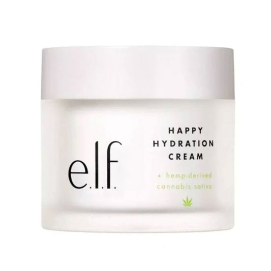 e.l.f. Happy Hydration Face Cream packaging, featuring a white jar with the brand name and product description.