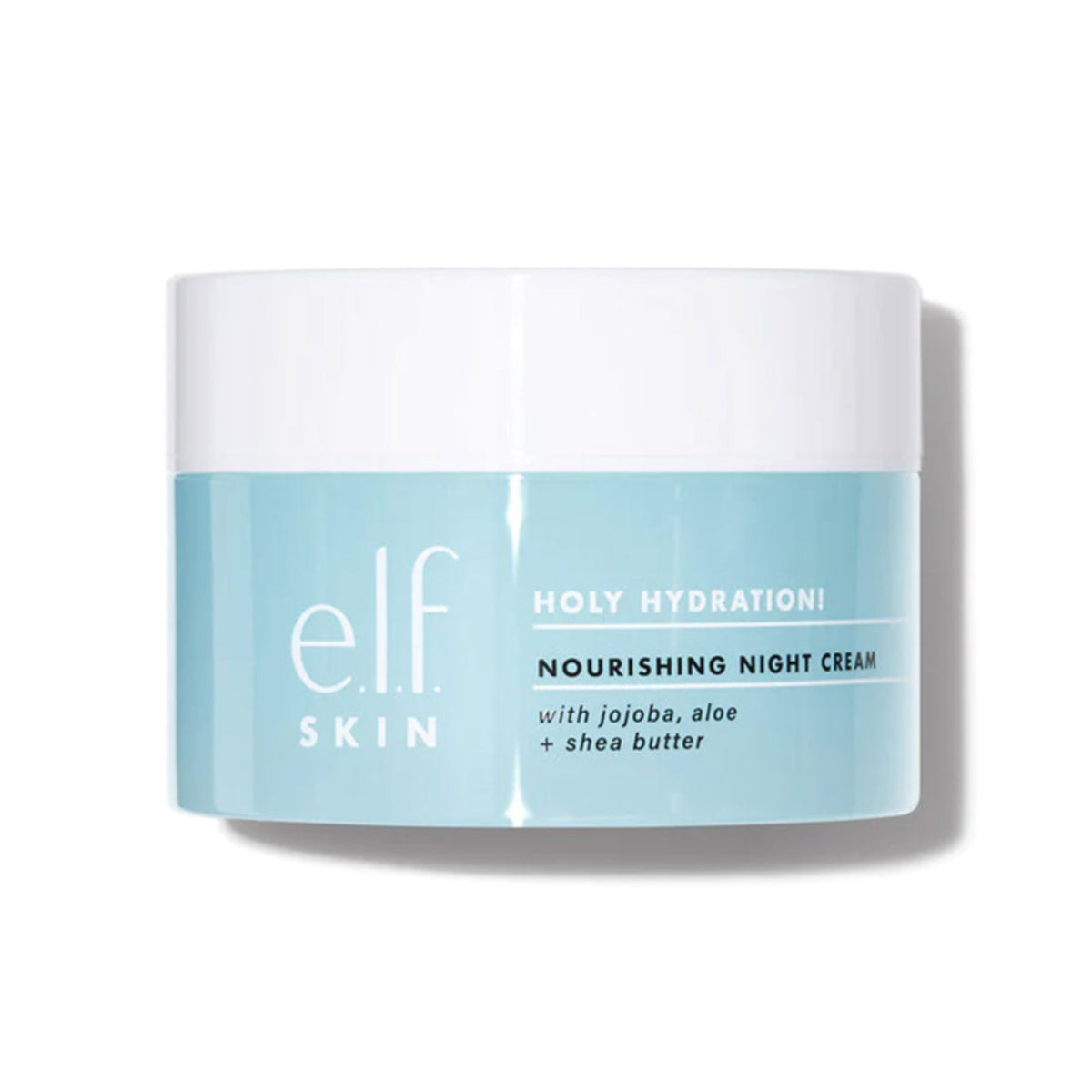 e.l.f. Nourishing Night Cream packaging with a blue and white design, indicating with jojoba, aloe, and shea butter.