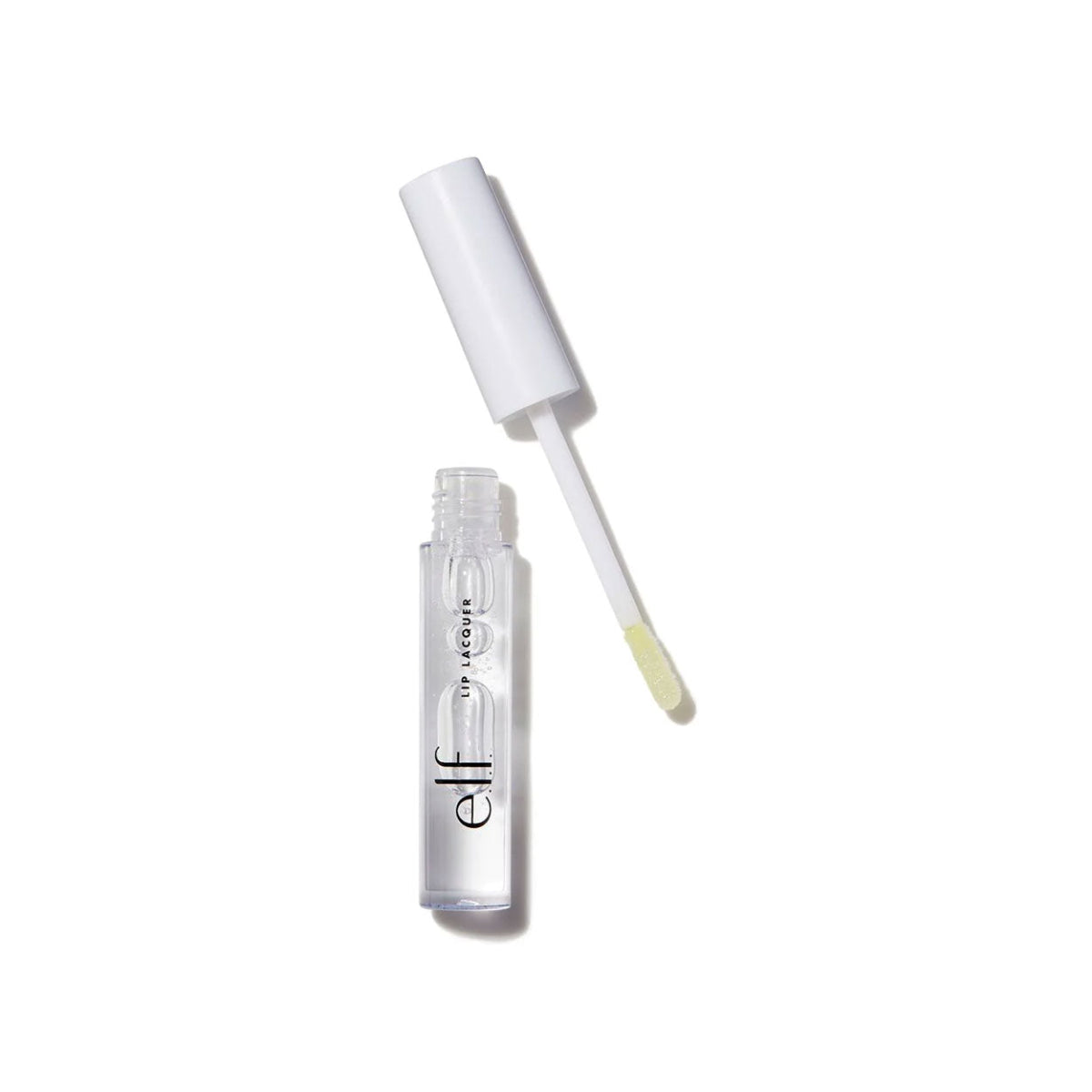 e.l.f. Lip Lacquer in Clear with the cap off and the wand applicator shown, packaged in a transparent tube.