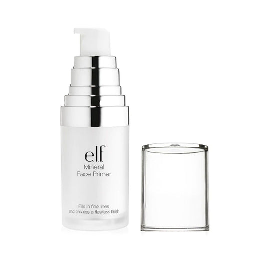 Clear frosted pump bottle of elf mineral face primer with lid off