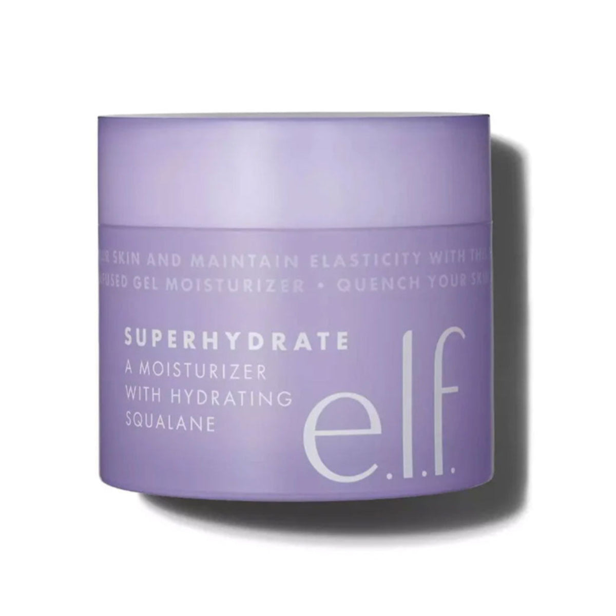 A plastic container of e.l.f. Superhydrate Moisturiser with a purple label, designed for skin hydration and nourishment.