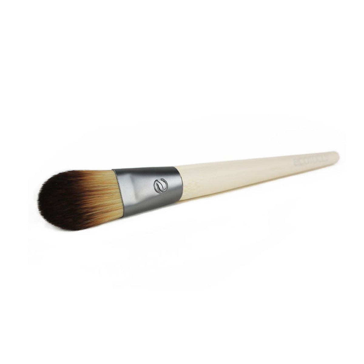 A flat and dense bristled foundation brush with a wood handle, designed for applying liquid and cream foundations.