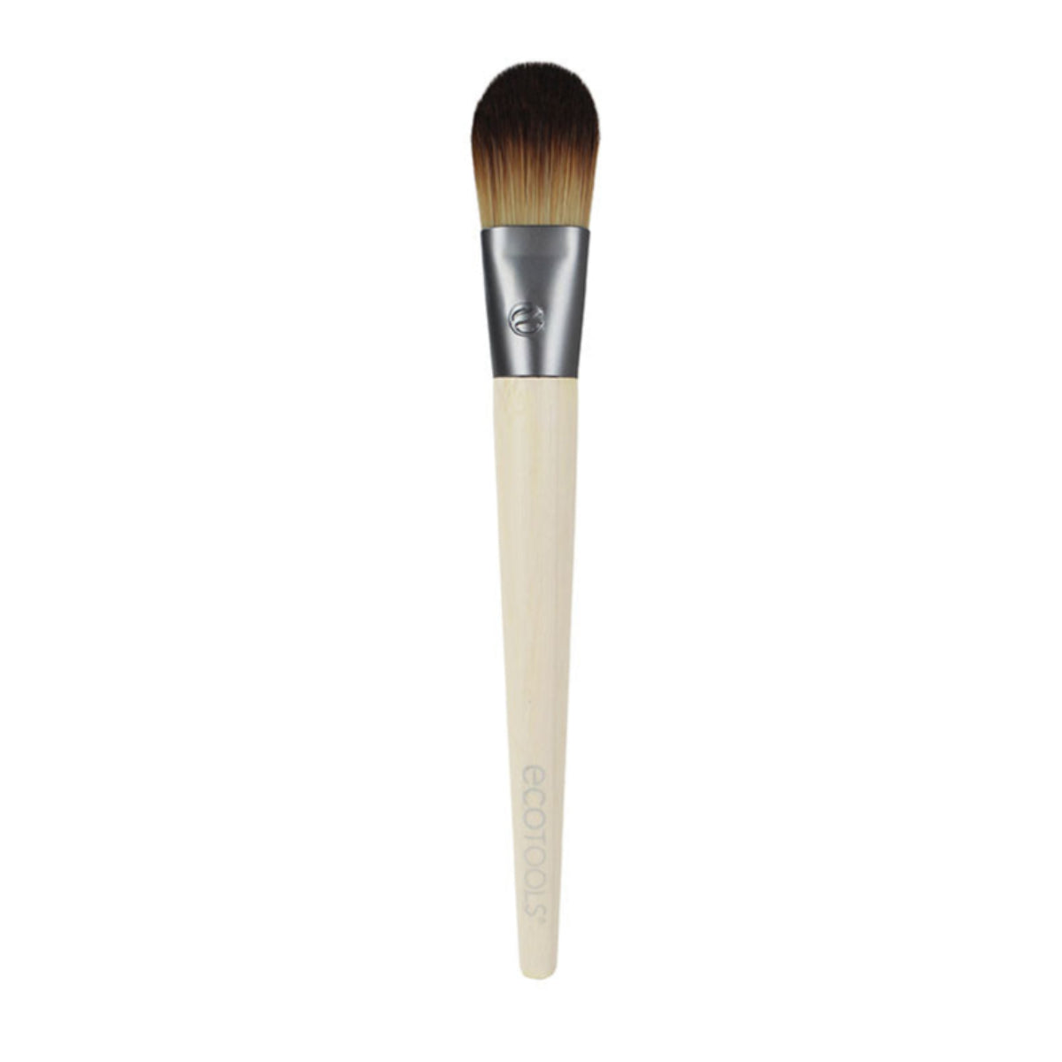 Eco Tools foundation brush with domed head, black and beige bristles and wooden handle on a white background