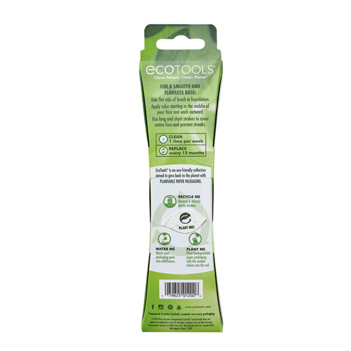 Eco Tools foundation brush in its packaging viewed from the back.