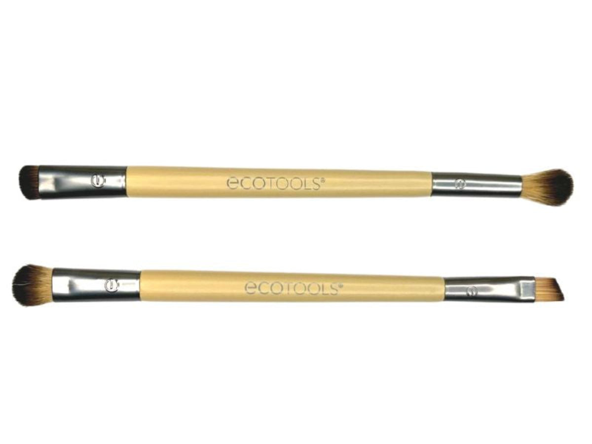 Two Eco Tools eye shadow brushes with duo ends and bamboo handles.