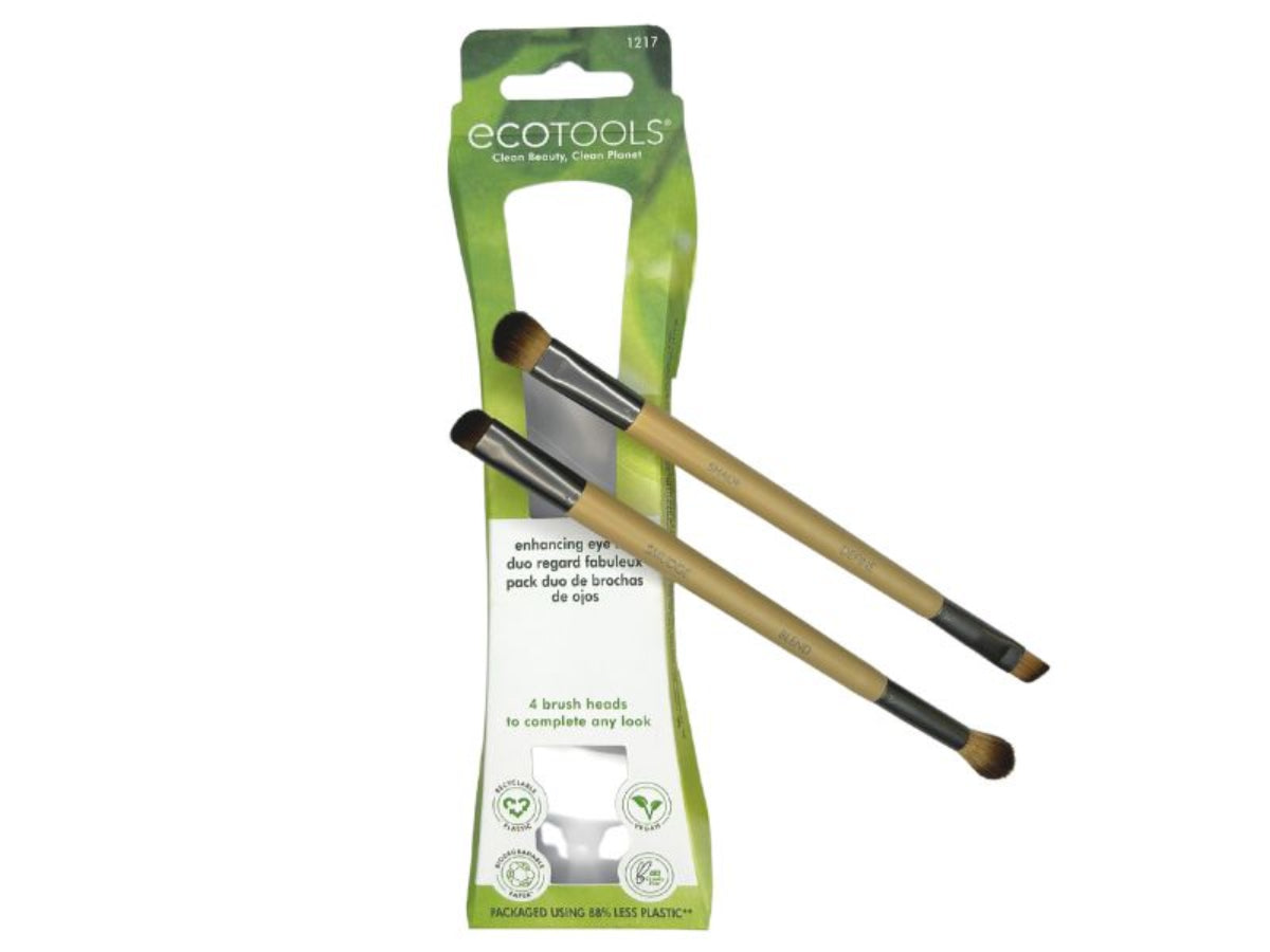 Set of Eco Tools makeup brushes with packaging on a white background