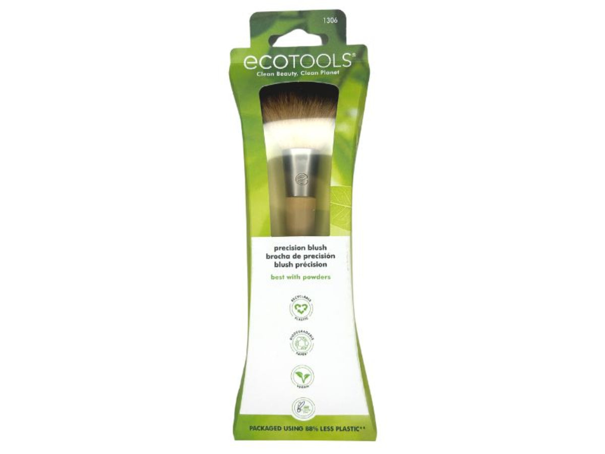 Eco Tools Precision Blush brush in green packaging on a white background