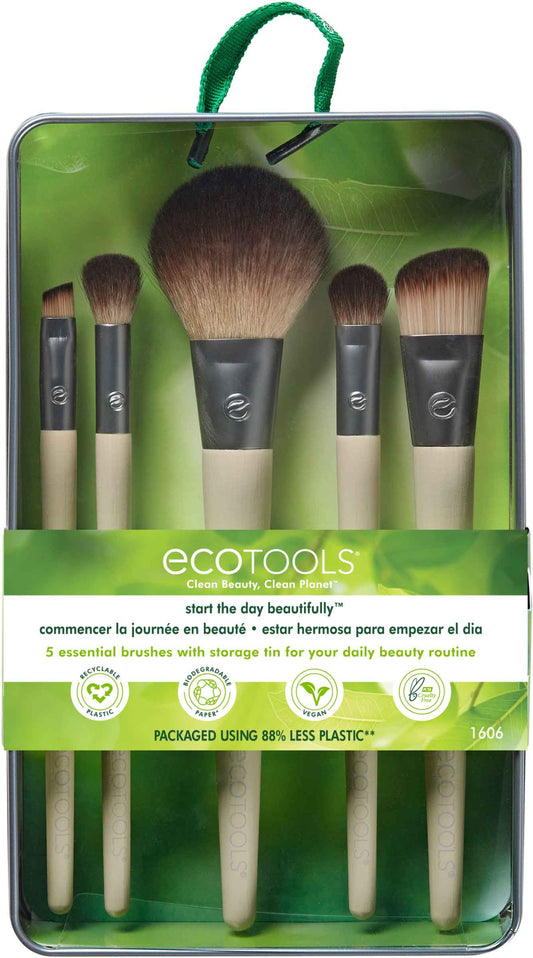 A 5 piece brush set by Eco Tools displayed in an open box, including brushes for foundation, blurring, defined crease, angled liner, and blush.
