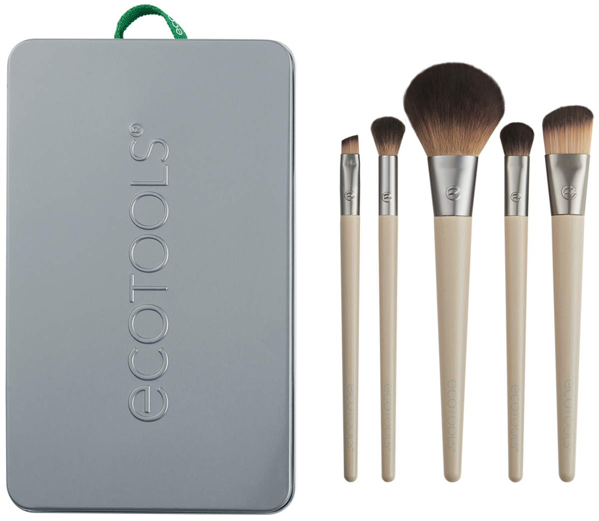 Set of 5 Eco Tools makeup brushes with a grey tin case