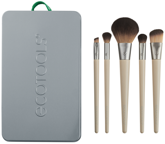 Set of 5 Eco Tools makeup brushes with a grey tin case