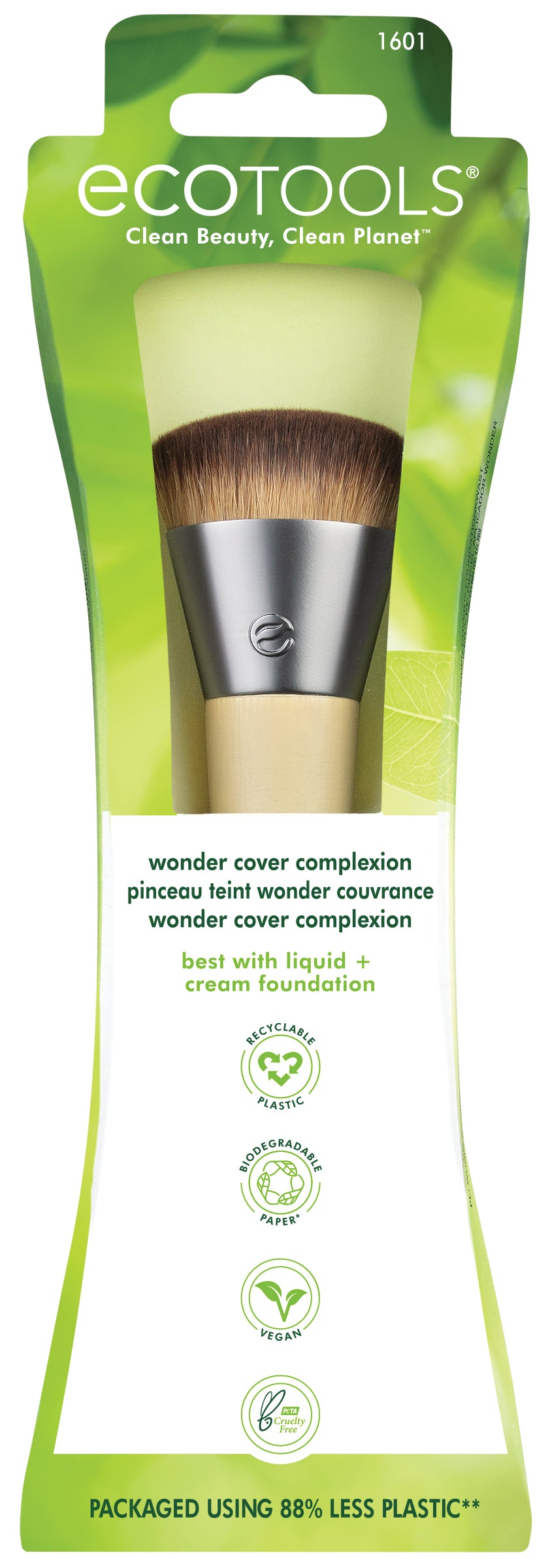 Eco Tools foundation brush in packaging with green accents and branding information.