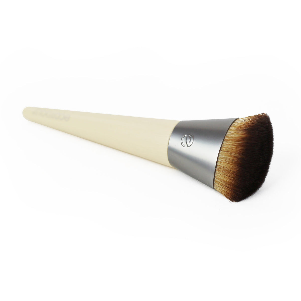Eco tools foundation brush with beige handle and brown bristles on a white background