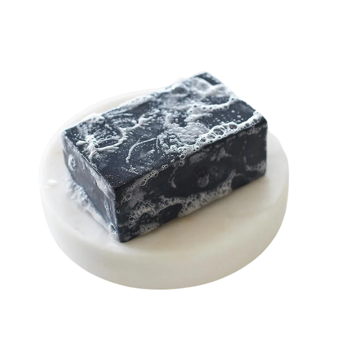 Image of Ethique Kaolin Charcoal and Oatmeal Solid Bodywash Bar lathered up on plinth