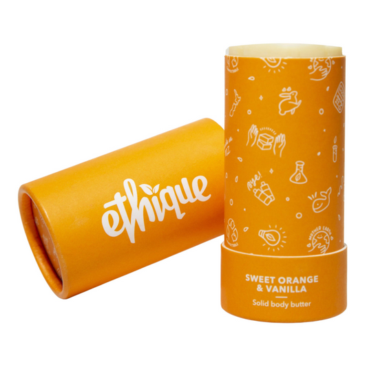 Image of Ethique Sweet Orange and Vanilla Solid Body Butter tube with it's lid off