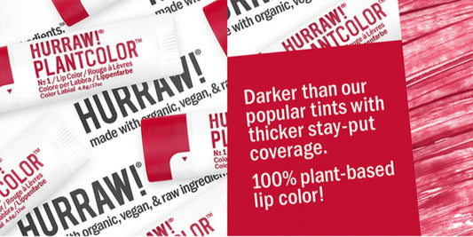 Packaging of Hurraw! Plant Colour #1 lip balm in soft cherry red with product information and branding visible.