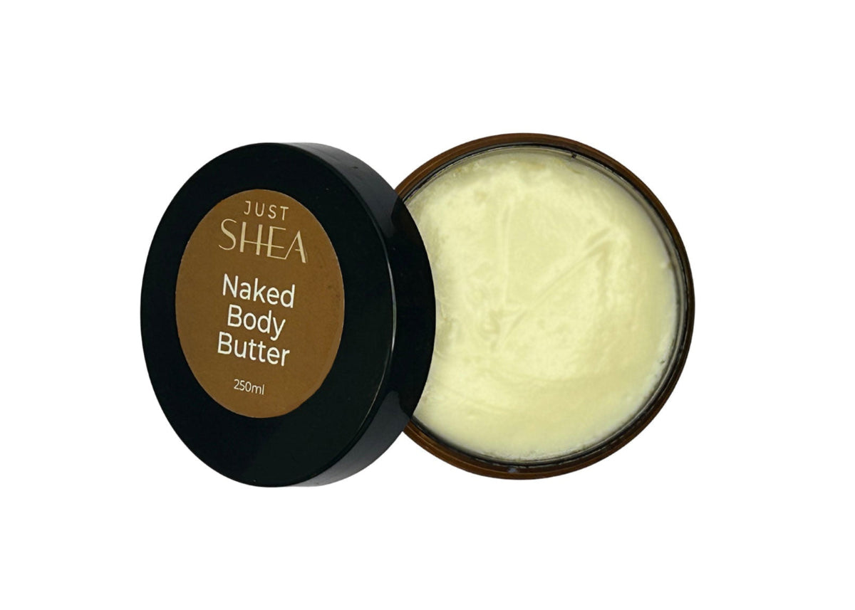 Just Shea Naked Body Butter in a black container with a brown label on a white background