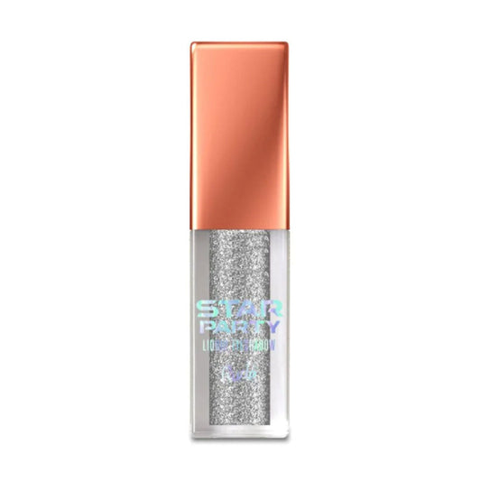 A plastic tube of Rude Star Party Liquid Glitter Eyeshadow with a pink hue and glitter visible through the transparent lower half.