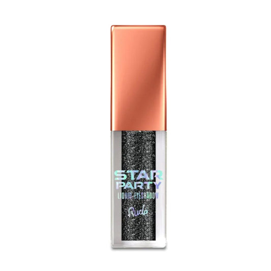 A plastic tube of Rude Star Party Liquid Glitter Eyeshadow containing black glittery eyeshadow.