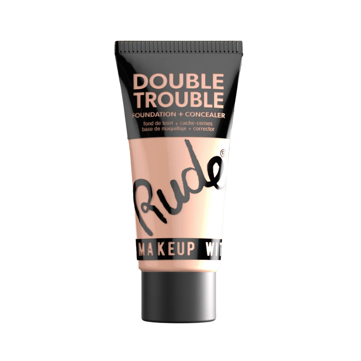 A plastic tube of Rude Double Trouble Foundation & Concealer in Shade Silk with a black cap and label.