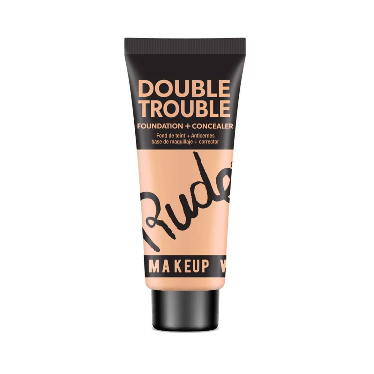 A plastic tube of Rude Double Trouble Foundation & Concealer in Shade Cream with a black cap and label.