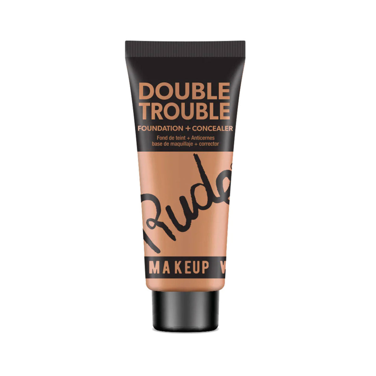 A plastic tube of Rude Double Trouble Foundation & Concealer in Shade Desert with a black cap and label.