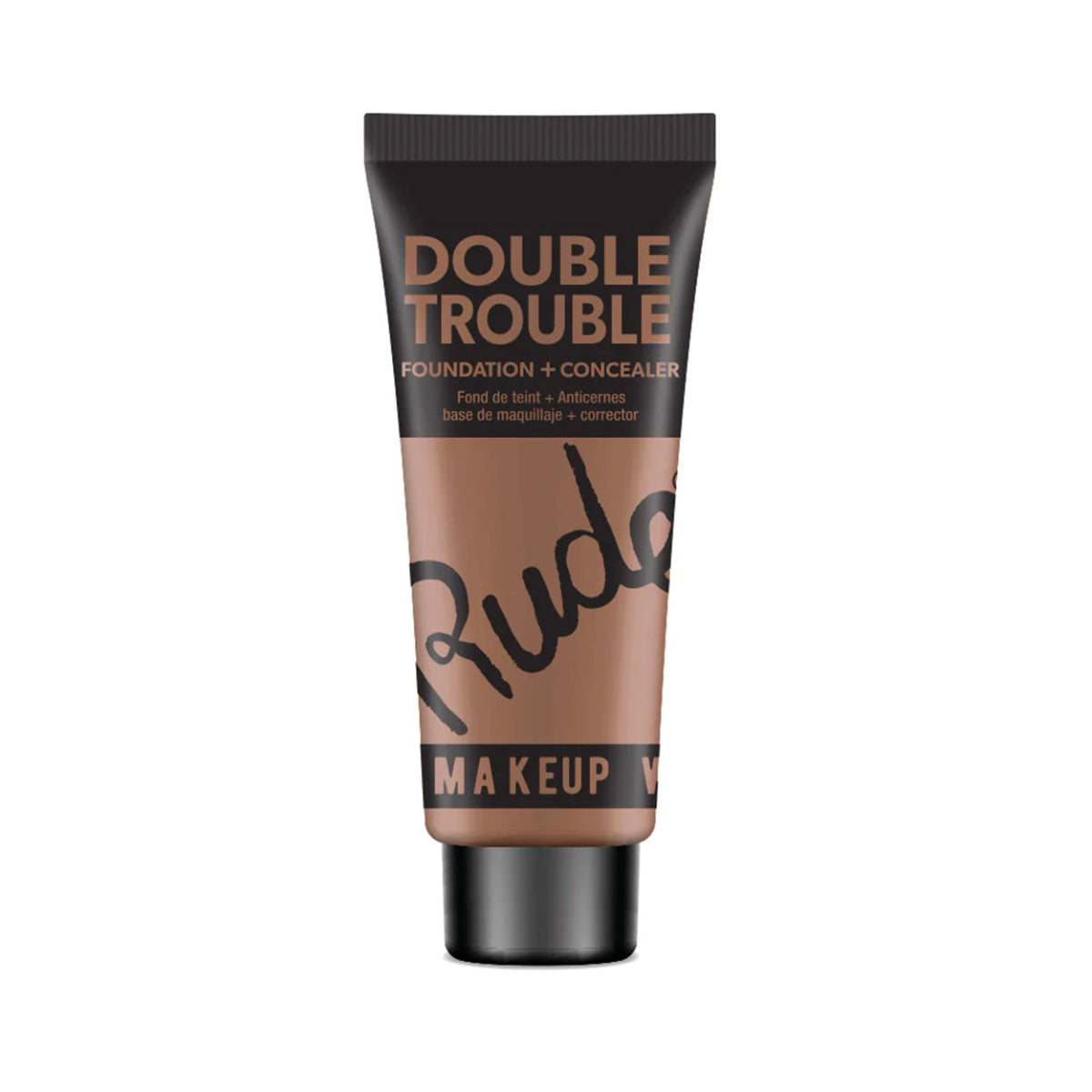 A plastic tube of Rude Double Trouble Foundation & Concealer in Shade Espresso with a black cap and label.