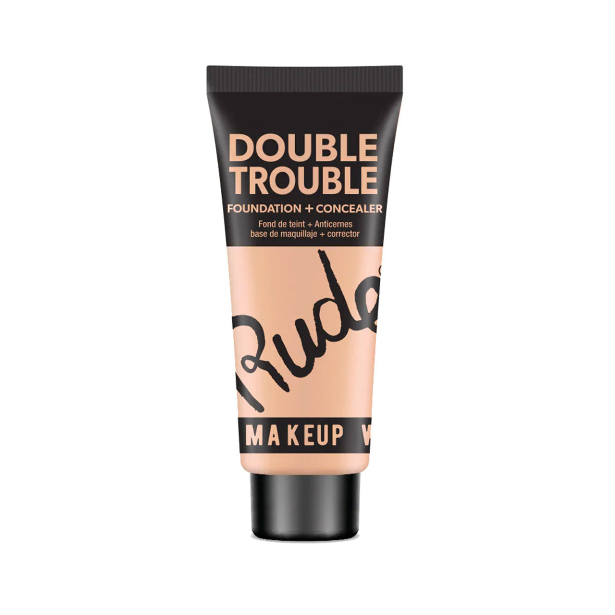 A plastic tube of Rude Double Trouble Foundation & Concealer in Shade Fair with a black cap and label.
