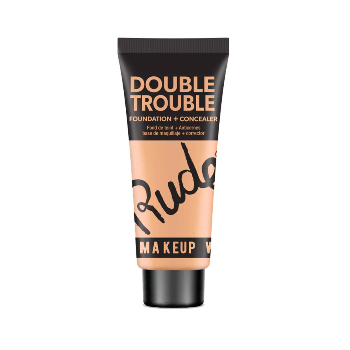 A plastic tube of Rude Double Trouble Foundation & Concealer in Shade Vanilla with a black cap and label.