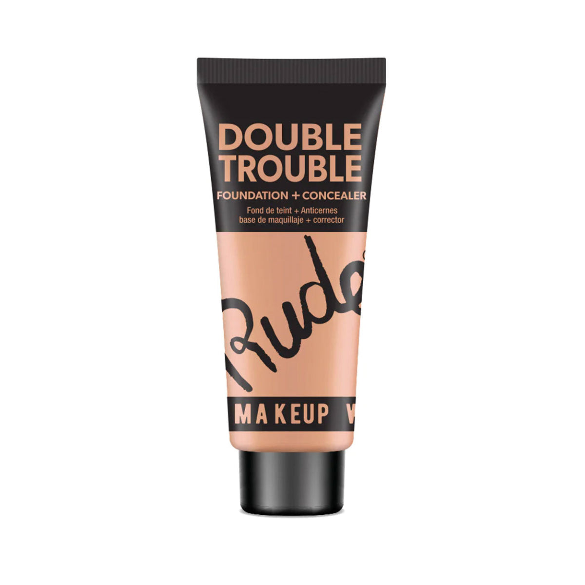 A plastic tube of Rude Double Trouble Foundation & Concealer in Shade Wheat with a black cap and label.