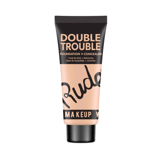 A plastic tube of Rude Double Trouble Foundation & Concealer in Shade Ivory with a black cap and label.