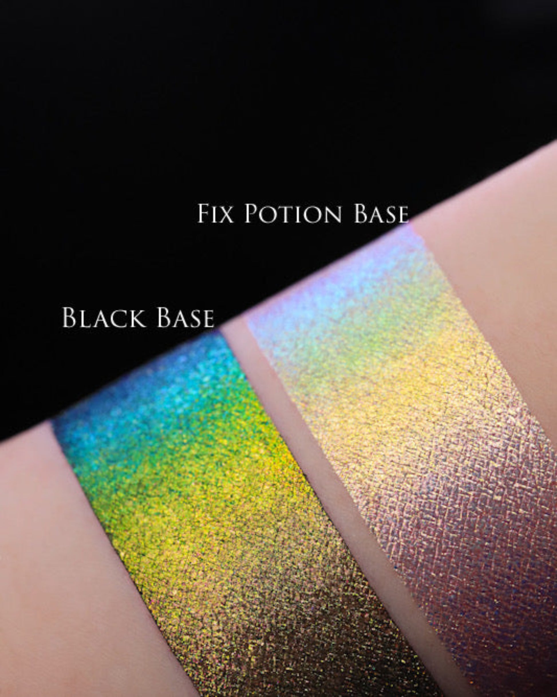 Close up swatches on arm of Beauty Sleep eyeshadow on a black base and on a clear base