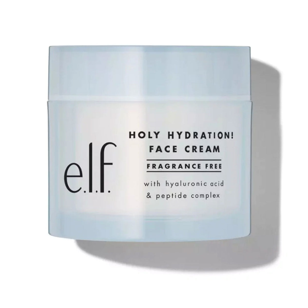 A plastic jar of e.l.f. Holy Hydration Face Cream with hyaluronic acid & peptide complex fragrance-free.