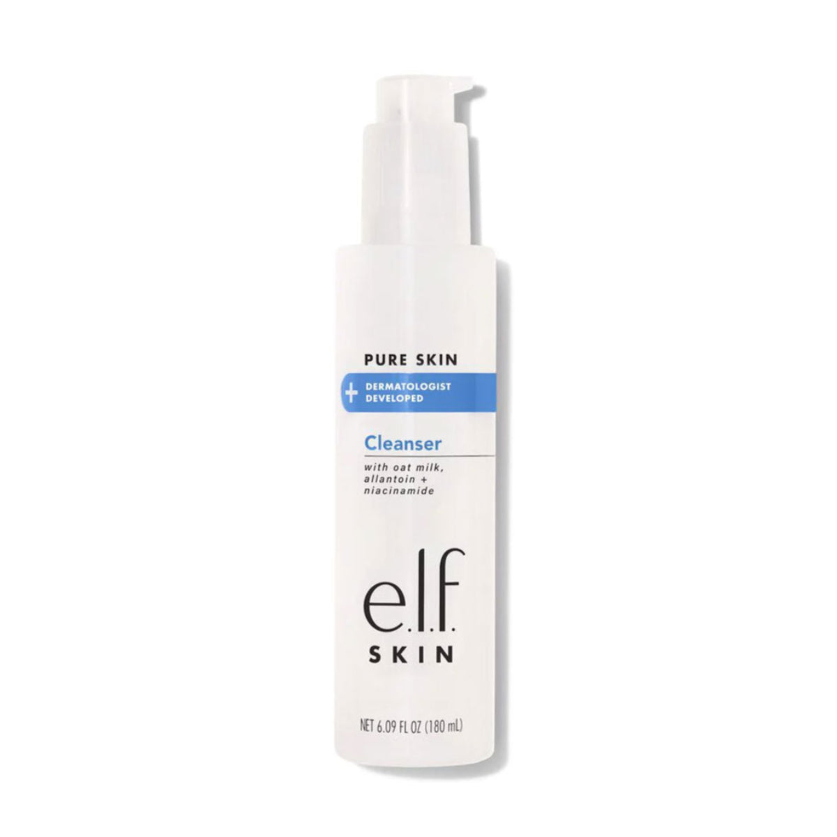 e.l.f. Pure Skin Cleanser in a white pump bottle with blue and grey text detailing the product name and benefits.