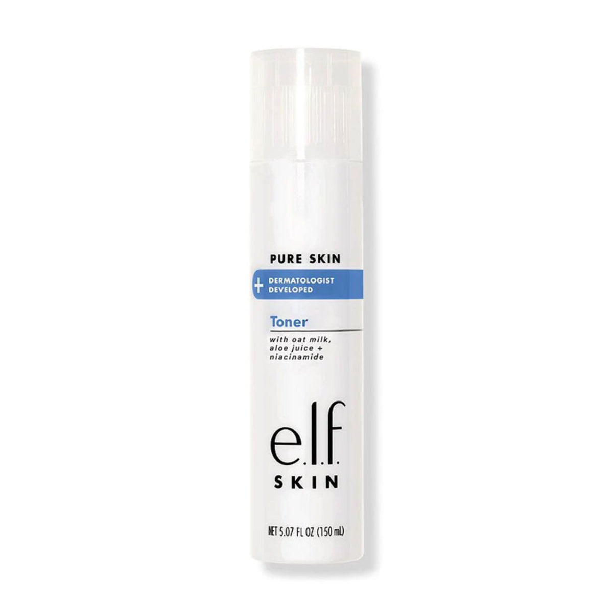 e.l.f. Pure Skin Toner in a white plastic bottle with a pump dispenser, labeled with the brand and product information.