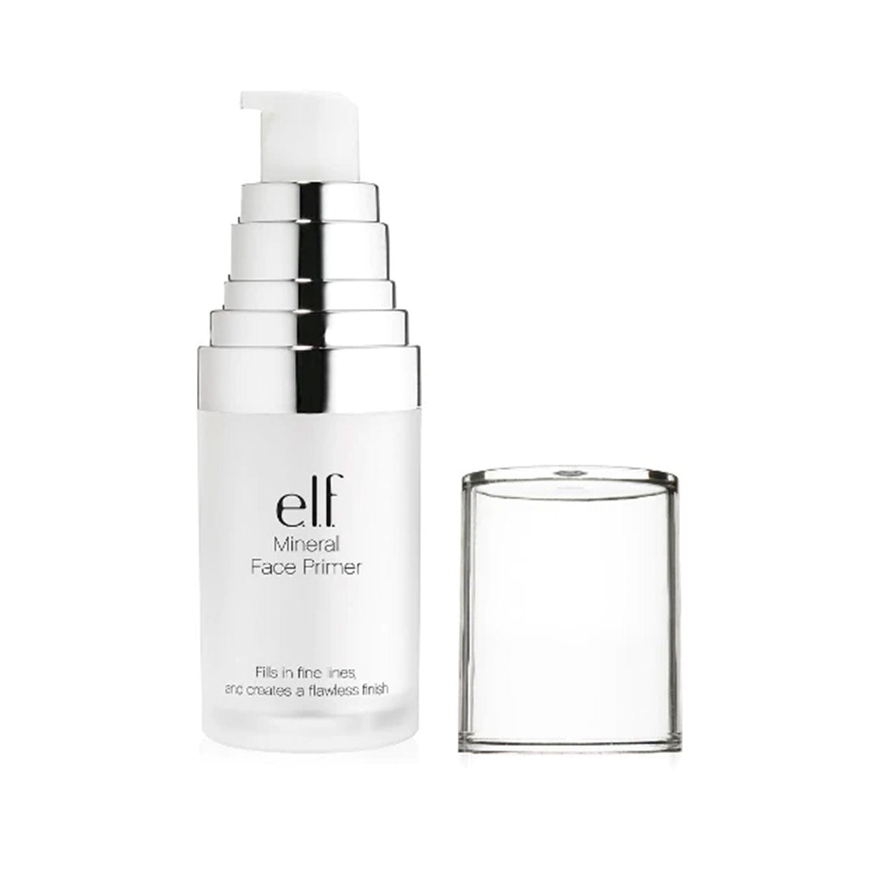 Clear frosted pump bottle of elf mineral face primer with lid off