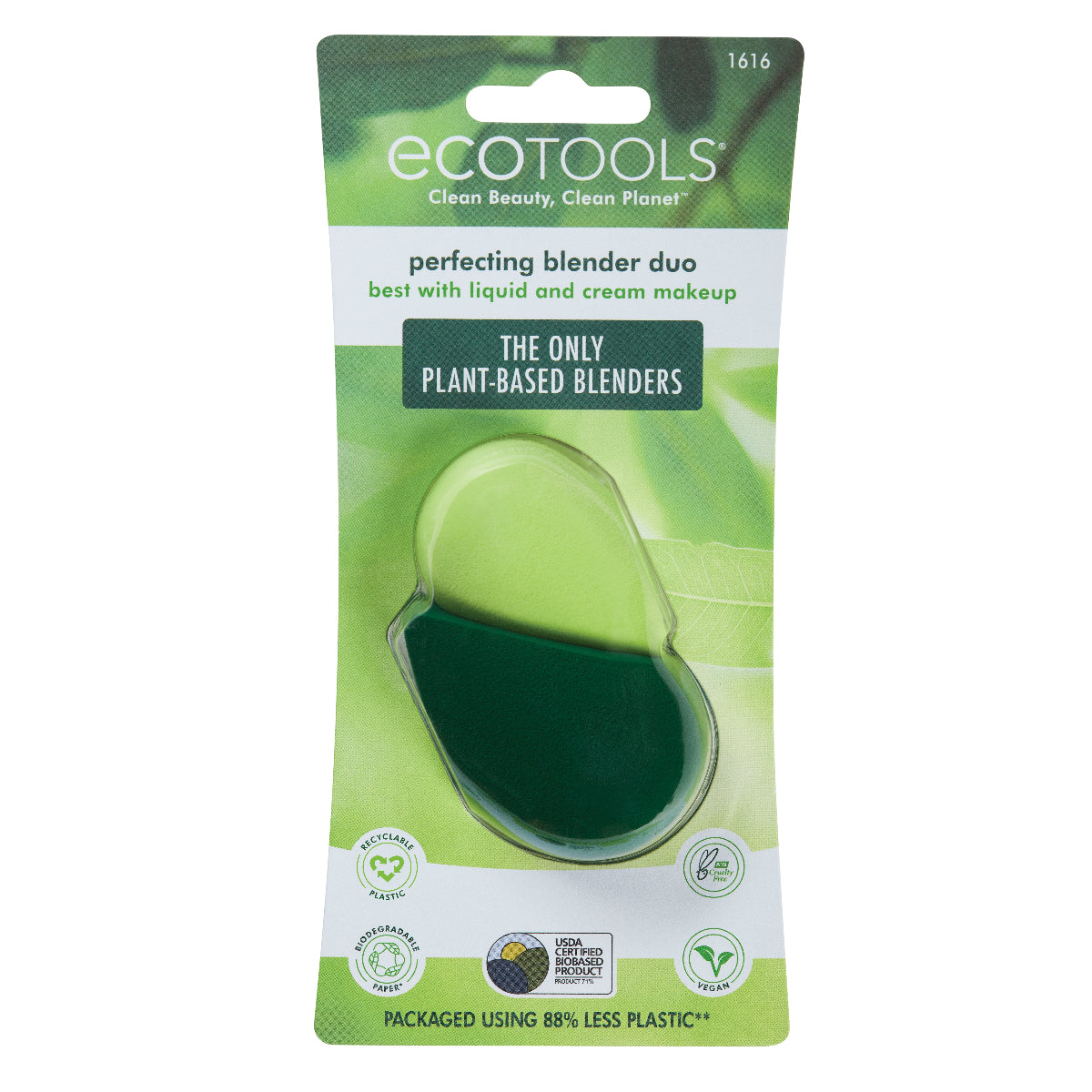 Green makeup blender sponges in packaging with EcoTools branding