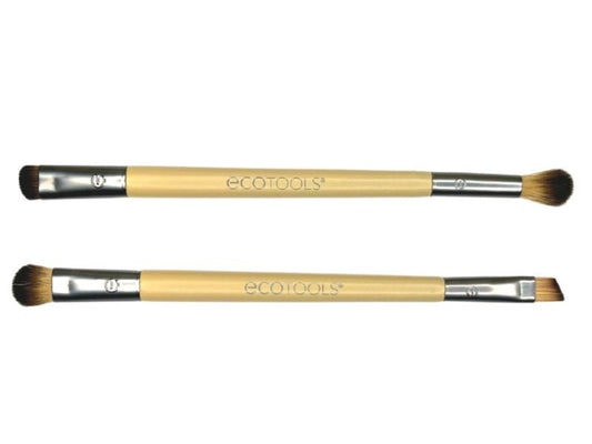 Two Eco Tools eye shadow brushes with duo ends and bamboo handles.