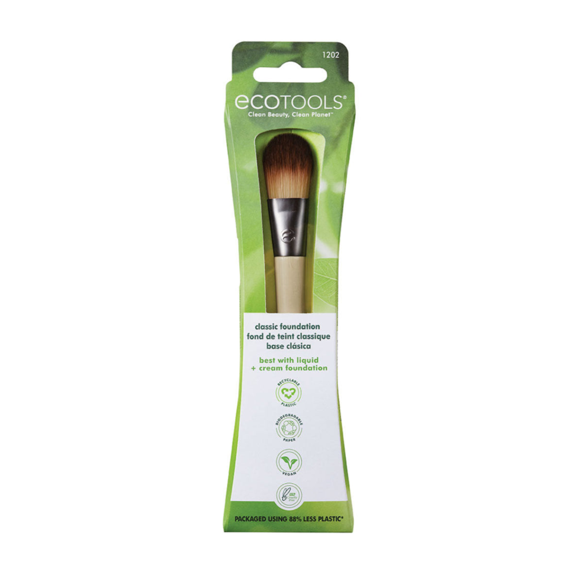 Eco Tools foundation brush in green packaging on a white background