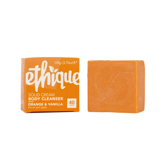 Image of Ethique Solid Cream Body Cleanser in Orange and Vanilla and box
