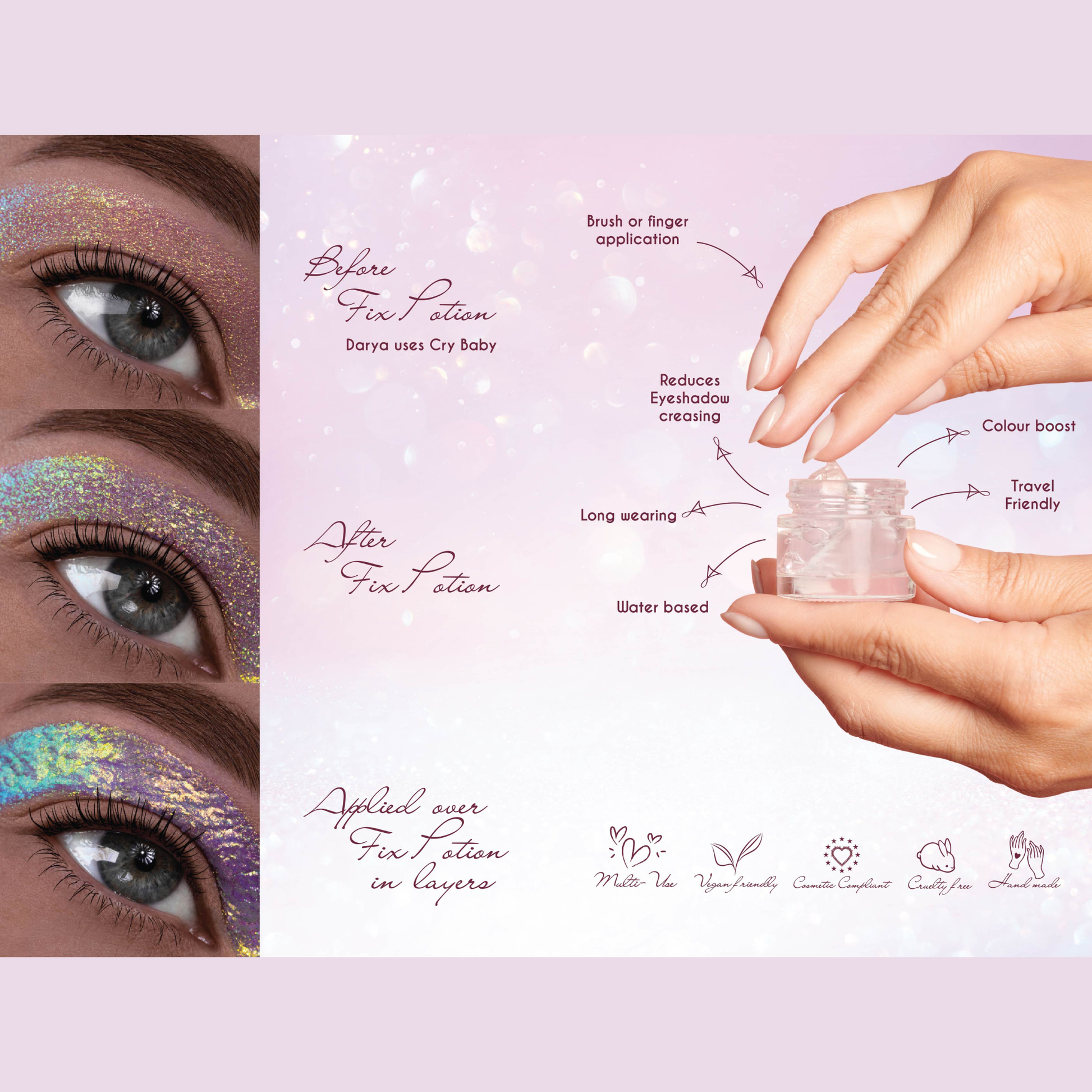 Image of infographic with fix potion and cry baby eyshadow