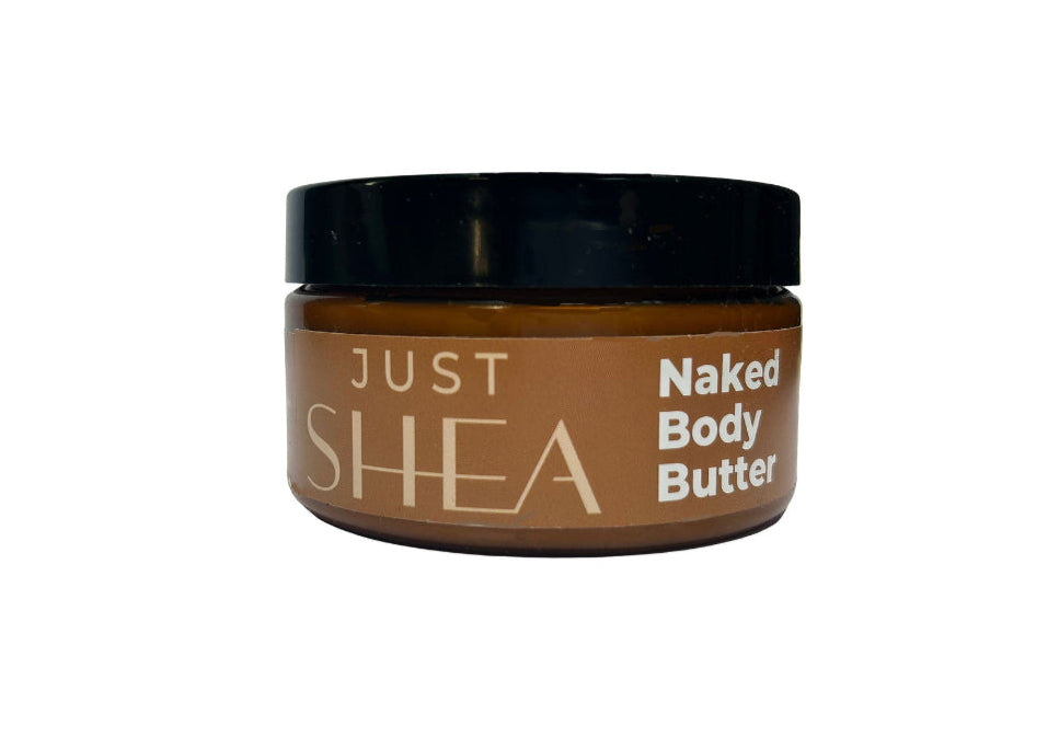 A jar of Just Shea Naked Body Butter with a black lid and brown label, on a white background.