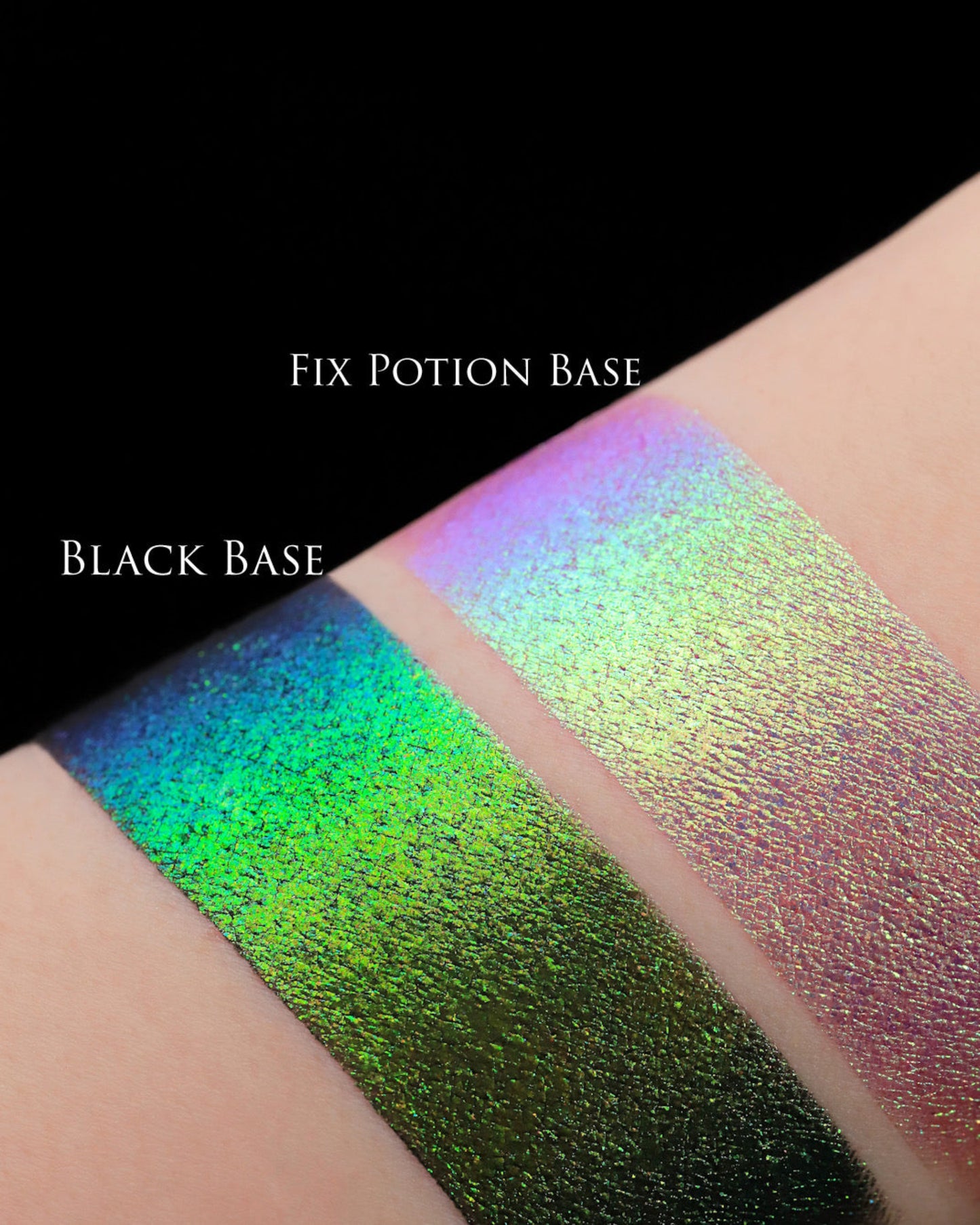 Color swatches of 'Fix Potion Base' and 'Black Base' on skin.