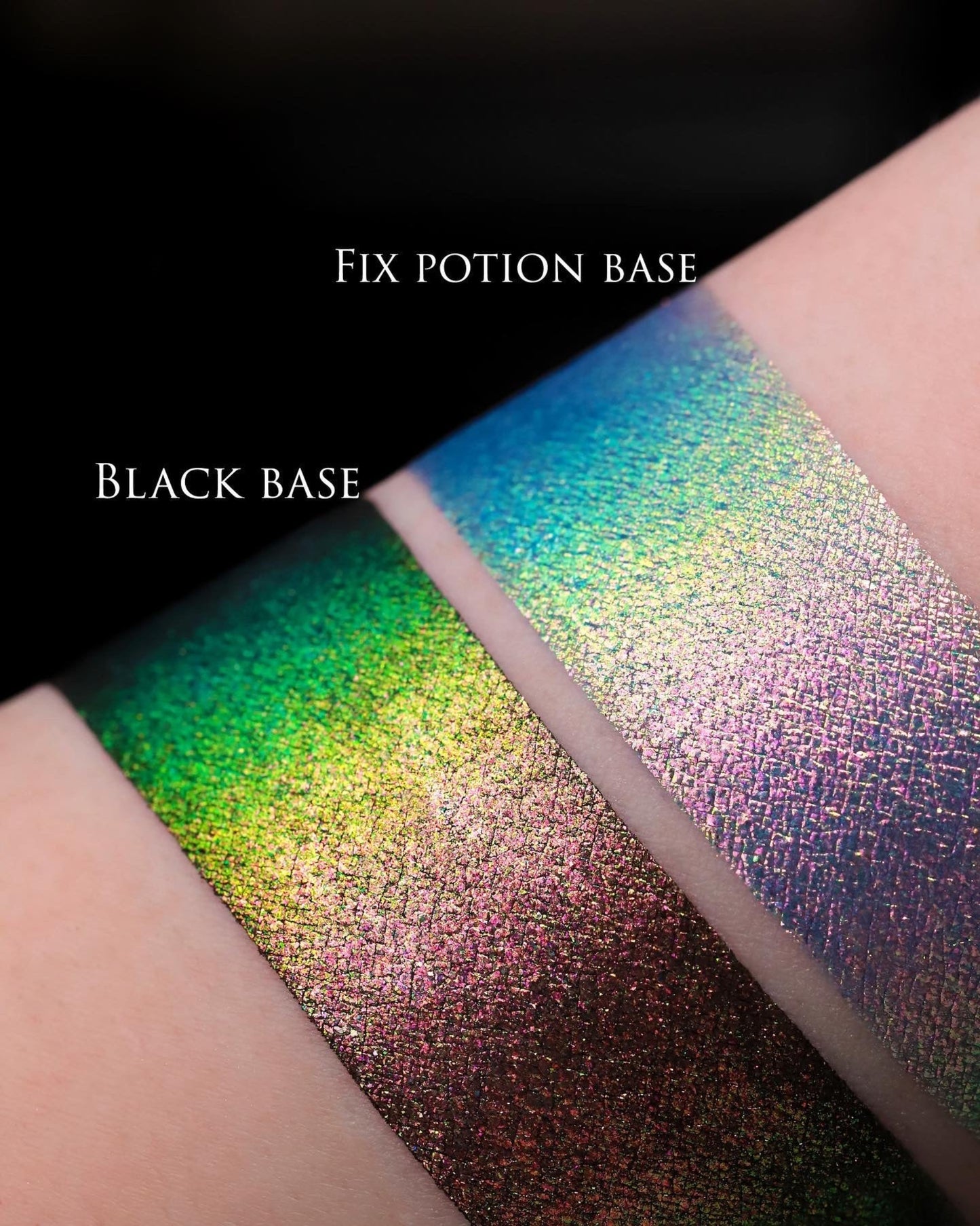 Close up of arm with swatches of powder on black background and clear background