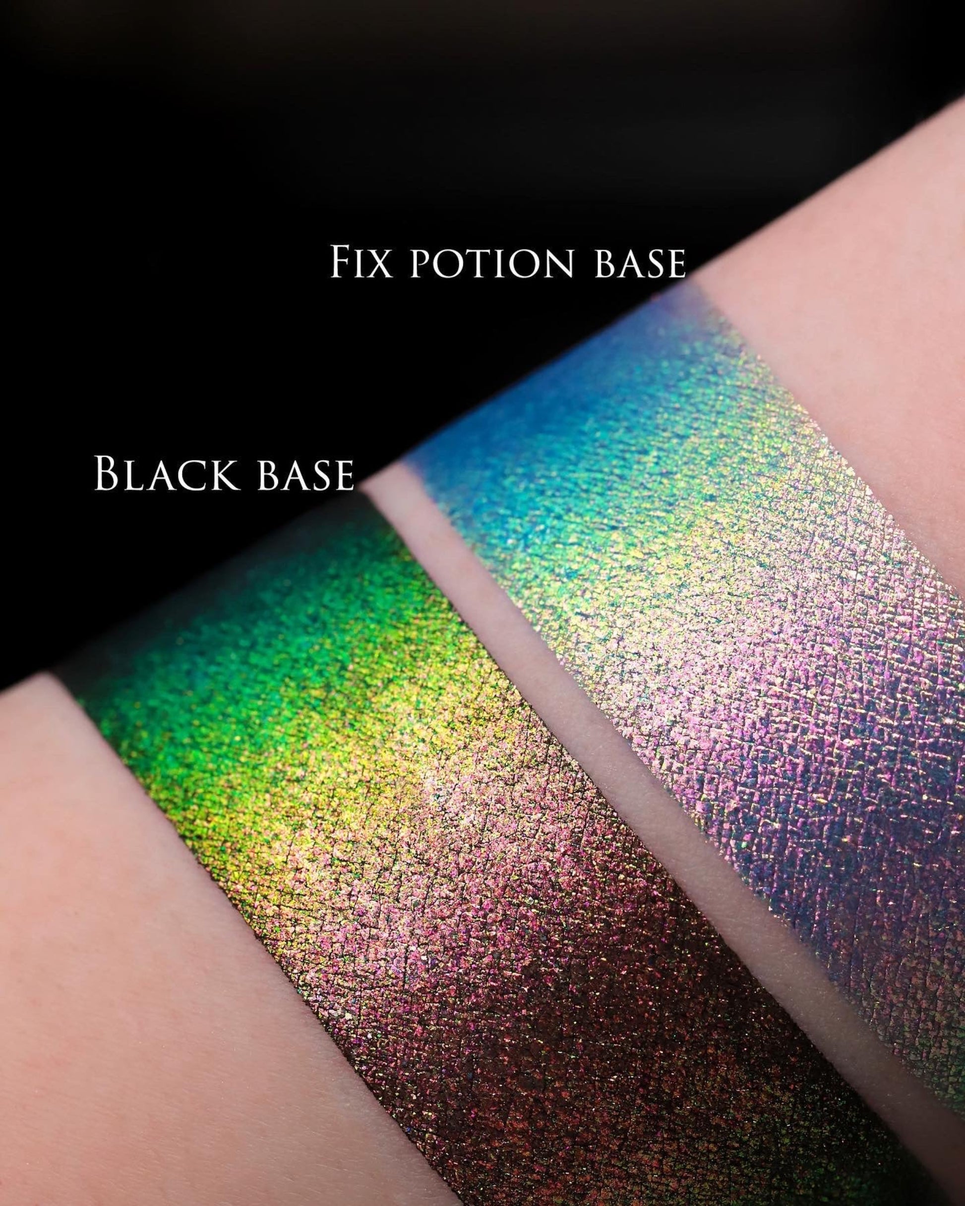 Close up of arm with swatches of powder on black background and clear background